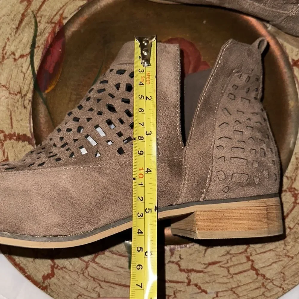 CG 9 Tan Faux Suede Laser Cut V Cut Ankle Booties